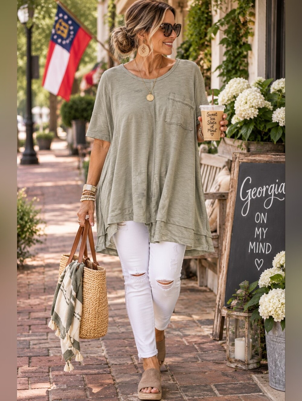 Umgee USA Sage Green Oversized Boho Pocket Top Size L High Low Tunic